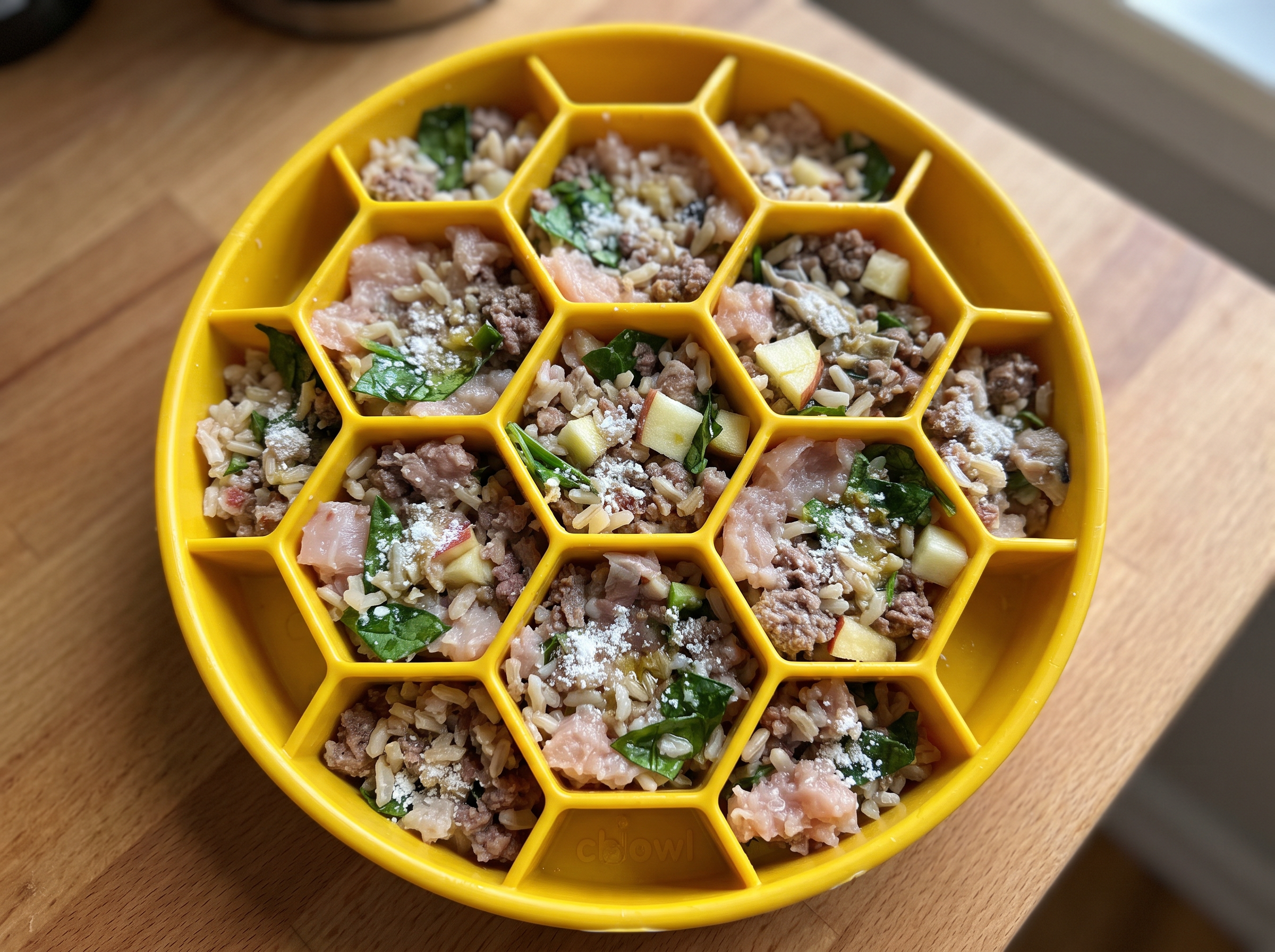 AI-generated photo of a balanced homemade dog food recipe plated in a SodaPup Honeycomb eBowl